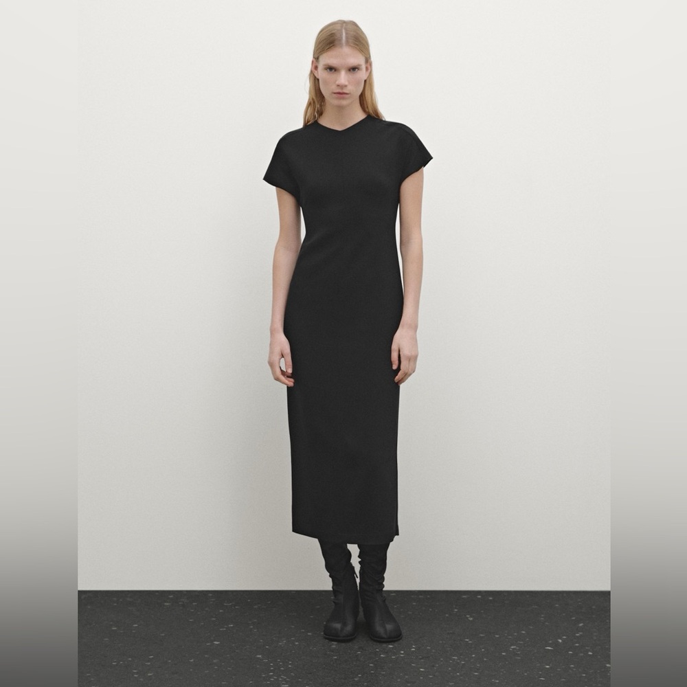 Massimo Dutti Black Viscose Blend Crepe Quiet Luxury, Normcore Midi Dress | 10 - Picture 3 of 7